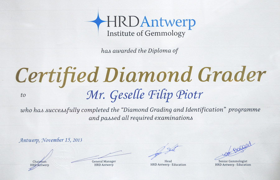 Dyplom HRD Antwerp Filip Piotr Geselle - ekspert diamentów
