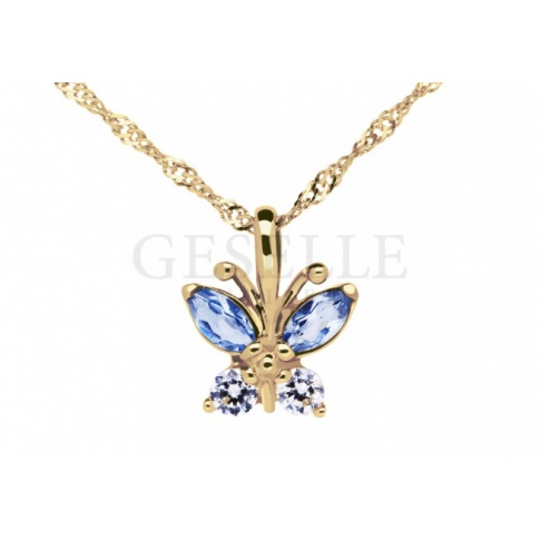 Urocza złota zawieszka z niebieskimi i białymi cyrkoniami w kształcie motylka 