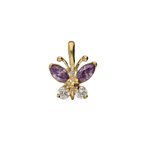 Urocza złota zawieszka z fioletowymi oraz białymi cyrkoniami w kształcie motylka 