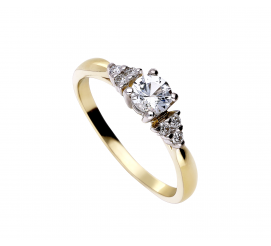 Niepowtarzalny pierścionek zaręczynowy z żółtego złota z szafirem białym i brylantami