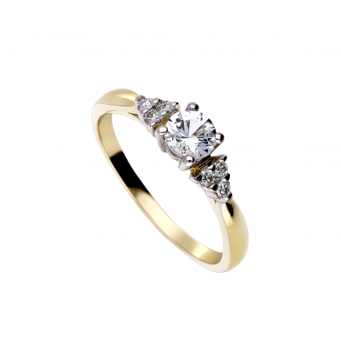 Niepowtarzalny pierścionek zaręczynowy z żółtego złota z szafirem białym i brylantami