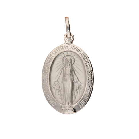 Cudowny medalik z białego złota próby 585 z Najświętszą Marią Panną