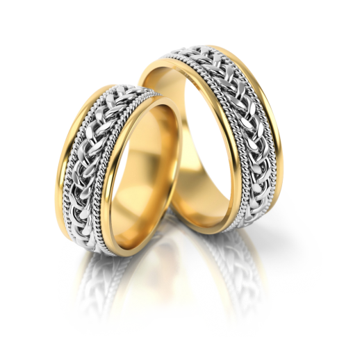 Solidna obrączka ślubna z dwóch kolorów złota ozdobiona masywnym warkoczem z białego kruszcu