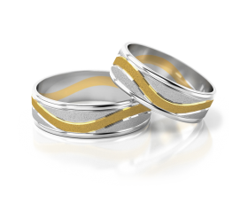 Dwukolorowa obrączka ślubna urzekająca efektowną formą z złota, błyszczącymi brzegami i fantazyjną falą w matowym wykończeniu