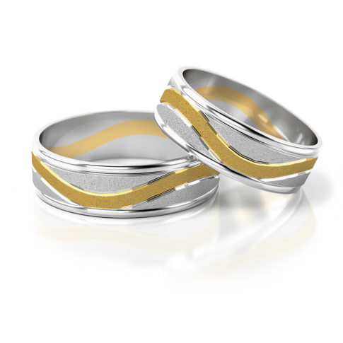Dwukolorowa obrączka ślubna urzekająca efektowną formą z złota, błyszczącymi brzegami i fantazyjną falą w matowym wykończeniu
