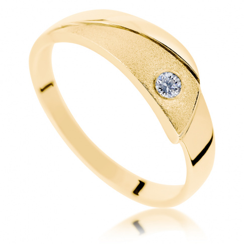 Oryginalny, złoty pierścionek - niebanalne wykończenie i brylant o masie 0.05 ct