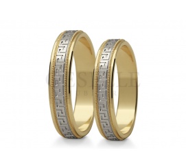Popularne, złote obrączki ślubne z eleganckim, greckim wzorem
