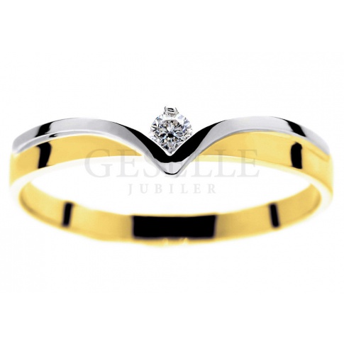 Oryginalny dwukolorowy pierścionek zaręczynowy z brylantem 0.06 ct w kształcie diademu