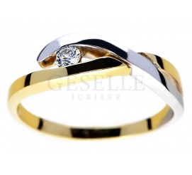 Modny, niebanalny pierścionek zaręczynowy - białe i żółte złoto oraz brylant o masie 0.08 ct