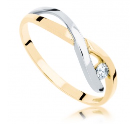 Modny, niebanalny pierścionek zaręczynowy - białe i żółte złoto oraz brylant o masie 0.08 ct