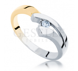 Ciekawy pierścionek z białego i żółtego złota z brylantem 0.05 ct - modny wzór na oświadczyny