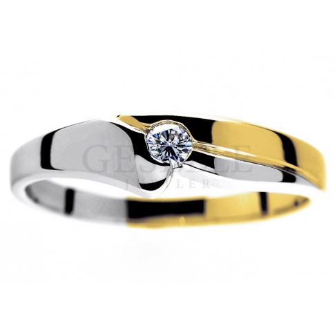 Dwukolorowy, złoty pierścionek zaręczynowy z brylantem 0.09 ct