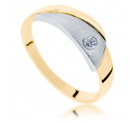 Oryginalny pierścionek z białego i żółtego złota z brylantem o masie 0.05 ct