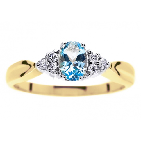 Przepiękny pierścionek zaręczynowy z naturalnym topazem błękitnym i brylantami 0.09 ct