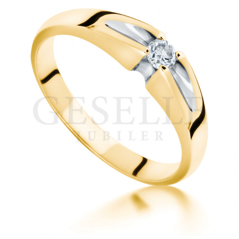 Wyjątkowy pierścionek zaręczynowy z żółtego złota z przepięknym brylantem o masie 0.08 ct