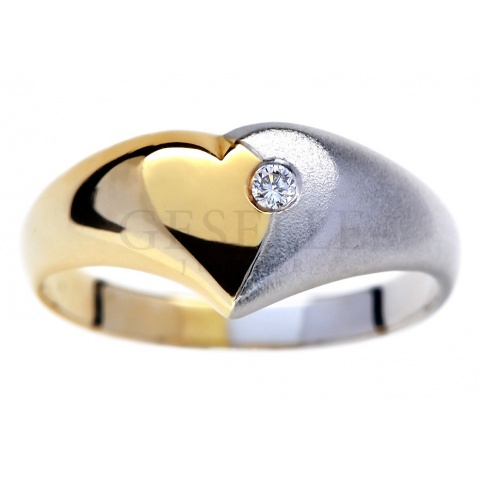 Romantyczny pierścionek z żółtego i białego złota - serce z brylantem 0.03 ct SI/H pr. 585