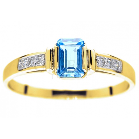 Oryginalny pierścionek zaręczynowy z żółtego złota z topazem blue i brylantami 0.06 ct, hit 
