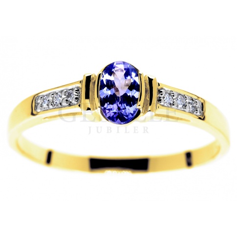 Niebanalny, złoty pierścionek zaręczynowy z przepięknym tanzanitem i sześcioma brylantami