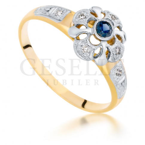 Złoty pierścionek retro - z niebieskim szafirem i brylantami 0.06 ct