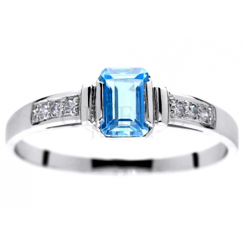 Elegancki pierścionek zaręczynowy - białe złoto, topaz blue i brylanty