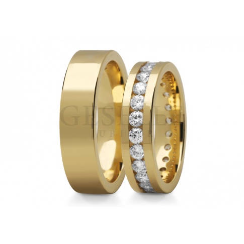 Bogato zdobione obrączki ślubne z żółtego złota z rzędem cyrkonii Swarovski ELEMENTS lub brylantów