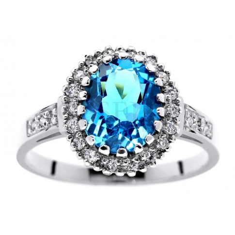Królewski pierścionek w stylu retro - białe złoto, majestatyczny topaz blue i wieczne brylanty o masie 0.30 ct