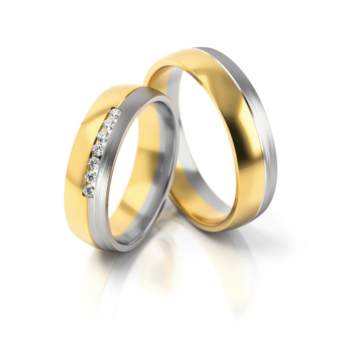 Masywna obrączka ślubna z żółtego złota z domieszką białego z cyrkoniami lub brylantami