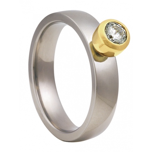 Efektowny pierścionek zaręczynowy z tytanu i żółtego złota z bezbarwną cyrkonią