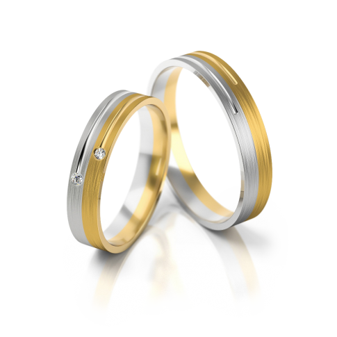 Wyjątkowa, wielokolorowa obrączka ślubna z białego i żółtego złota z cyrkoniami lub brylantami