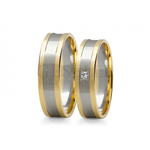 Eleganckie obrączki ślubne z białego i żółtego złota - z pełnym blasku brylantem lub lśniącą cyrkonią