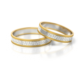 Dwukolorowa obrączka ślubna z białego i żółtego złota z wyjątkowym greckim motywem
