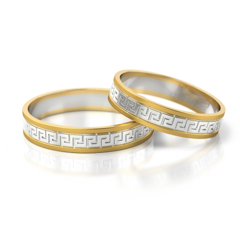Dwukolorowa obrączka ślubna z białego i żółtego złota z wyjątkowym greckim motywem