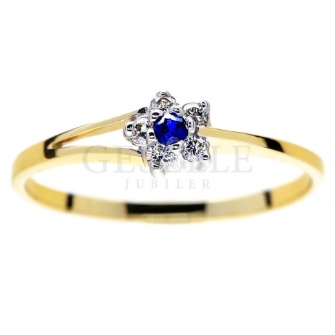 Kwiatowy pierścionek na romantyczne zaręczyny z szafirem i brylantami