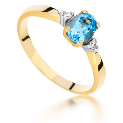 Romantyczny, złoty pierścionek zaręczynowy z topazem blue i brylantami o masie 0.03 ct