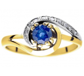 Oryginalny, złoty pierścionek zaręczynowy z brylantami i szafirem naturalnym 