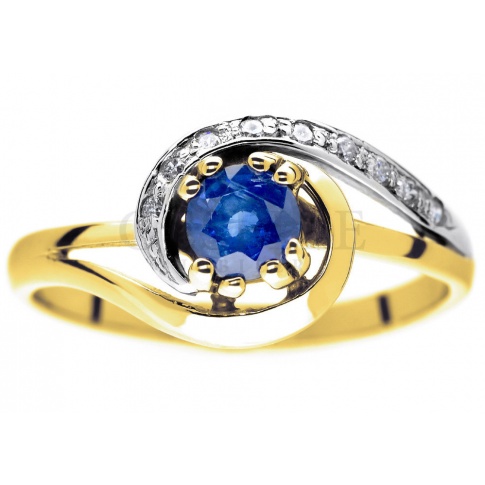 Oryginalny, złoty pierścionek zaręczynowy z brylantami i szafirem naturalnym 