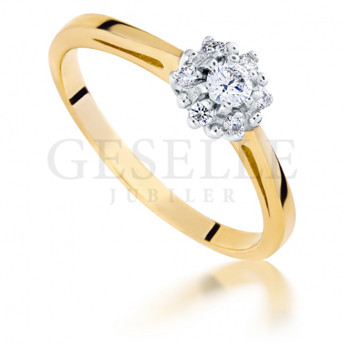 Olśniewający, złoty pierścionek zaręczynowy z brylantami 0.29 ct w kształcie kwiatu