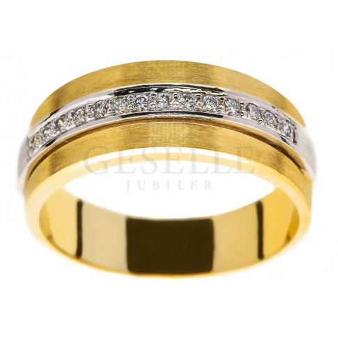 Oryginalny pierścionek z żółtego złota: klasyczna obrączka i 14 brylantów 0.01 ct