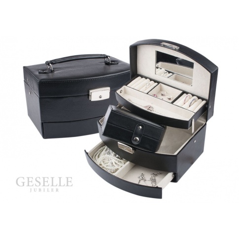Pojemna szkatułka na biżuterię z czarnej, matowej skóry ekologicznej z szufladką i dodatkowym pudełeczkiem 