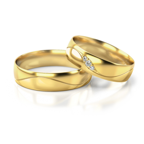 Obrączka ślubna z żółtego złota z trzema lśniącymi kamieniami i wewnętrzną soczewką