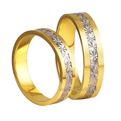 Komplet złotych obrączek ślubnych, dwukolorowych z ozdobnym diamentowaniem