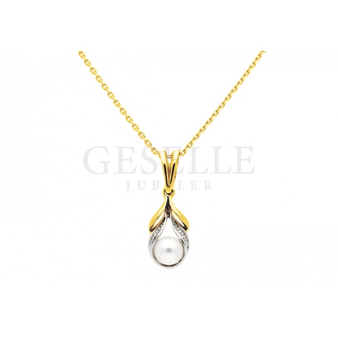 W stylu Coco Chanel - elegancka złota zawieszka z perłą i cyrkoniami, próba 585