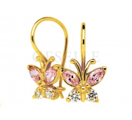 Urocze złote kolczyki dla małej dziewczynki - słodkie motylki z różowymi i białymi cyrkoniami