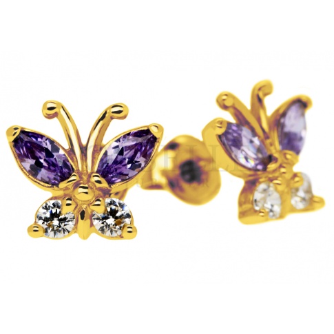 Lśniące motyle - urocze złote kolczyki dla dziewczynki z fioletowymi i białymi cyrkoniami