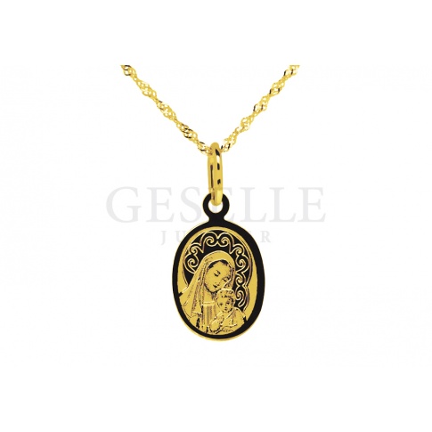 Owalny medalik z żółtego złota z Matką Boską z Dzieciątkiem - prezent z okazji Chrztu Świętego