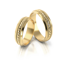 Elegancka obrączka ślubna z żółtego złota - lśniące brzegi ozdobione plecionym łańcuszkiem głównym oraz dwoma mniejszymi