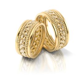 Bogato zdobiona szeroka złota obrączka ślubna - środek ozdobiony plecionym wzorem