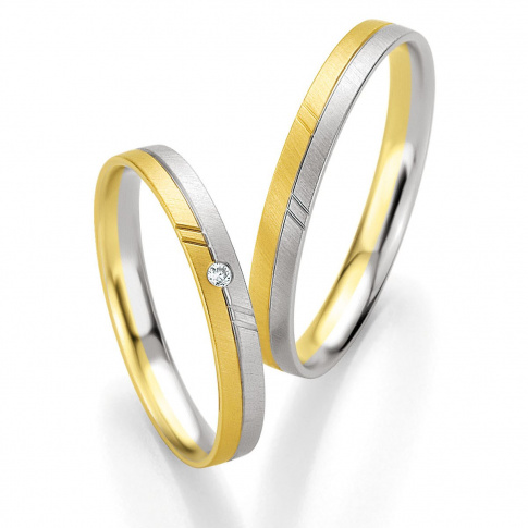 Dwukolorowa para obrączek ślubnych z aratowego złota z lśniącym brylantem - kolekcja BASIC LIGHT Breuning