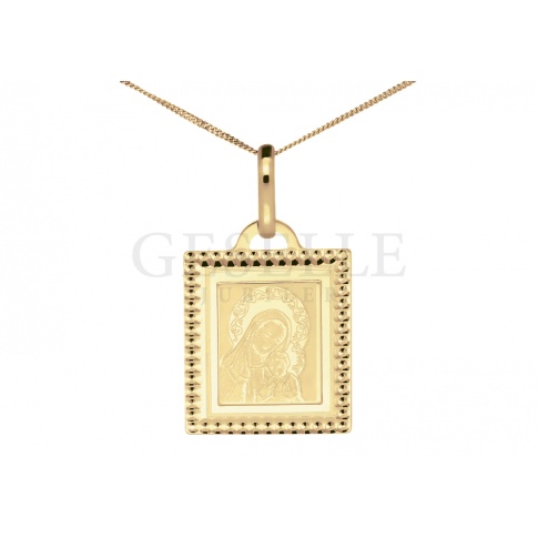 Elegancki medalik w kształcie kwadratu wykonany z żółtego złota z wizerunkiem Matki Boskiej