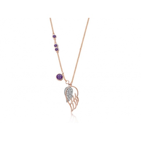Stylowy naszyjnik, srebrna pozłocona celebrytka z dwoma skrzydełkami, z dodatkiem fioletowych i białych cyrkonii - kolekcja Magic